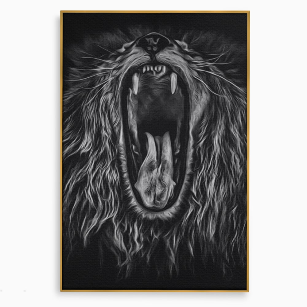 Tablou Canvas cu Leu Care Raguseste, Alb si Negru, M1385